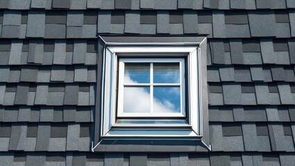 Poster - Top view of a slanted shingled roof featuring a square skylight reflecting the sky and enhancing natural light in architectural design.