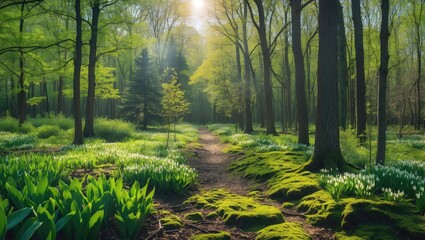 Poster - Serene Spring Forest Pathway Surrounded by Lush Green Plants, Deciduous Trees, and Sunlit Mossy Ground with Blooming Flowers.