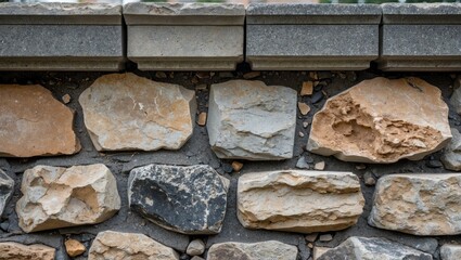 Canvas Print - Textured stone wall foundation showcasing a mix of earthy tones and solid construction for architectural design or landscaping backgrounds.