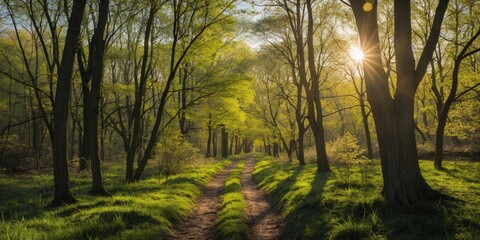 Poster - Sunlit Woodland Pathway in Springtime Nature with Dappled Sunlight Illuminating Lush Green Foliage and Empty Copy Space for Text