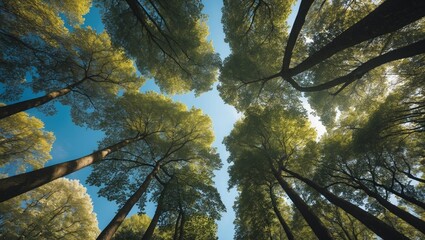Poster - Tall Trees Framing a Bright Sky A Tranquil Canopy Creating a Serene Atmosphere Ideal for Nature and Tranquility Themes