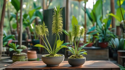 Poster - Beautiful ornamental Andong plants in decorative pots showcasing lush green foliage in a peaceful indoor garden setting.