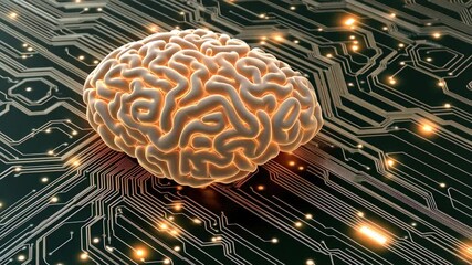 Poster - Discover how technology intersects with neuroscience, showcasing a stylized brain resting on a circuit board filled with lights