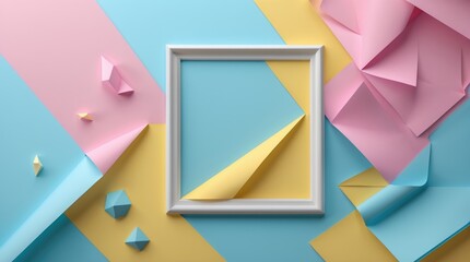 Poster - Abstract pastel colored flat lay with geometric shapes and a blank picture frame, ideal for minimalistic design and creative layouts.