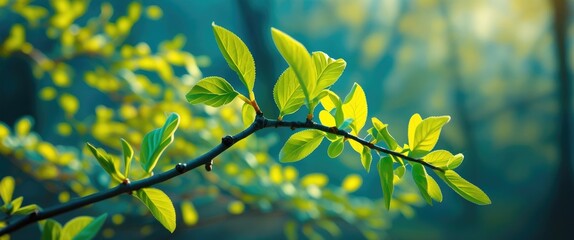 Poster - vibrant young green leaves on a branch illuminated by soft spring light in a tranquil forest setting