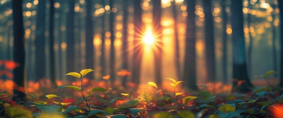 Poster - Sunlight streaming through a dense forest creating a dreamy and ethereal atmosphere with glowing leaves and soft background blur.