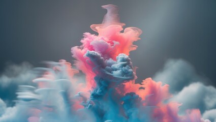 Canvas Print - Dynamic abstract clouds in vibrant pink and blue hues emerging from a soft gray background creating a surreal atmospheric effect.