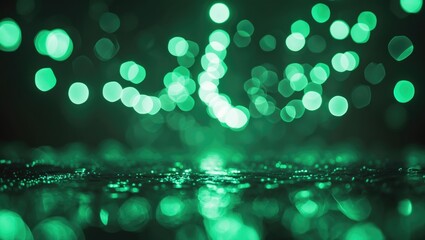 Poster - Green bokeh lights with reflections creating a mesmerizing abstract background suitable for designs, overlays, or festive themes.