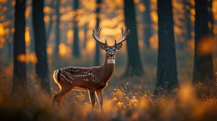 Poster - majestic deer stands alert in autumn forest surrounded by soft golden light and tall trees