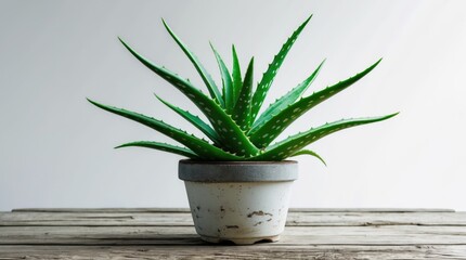 Poster - Aloe Vera plant in a decorative pot on a wooden surface with a white background showcasing its vibrant green leaves and natural beauty.