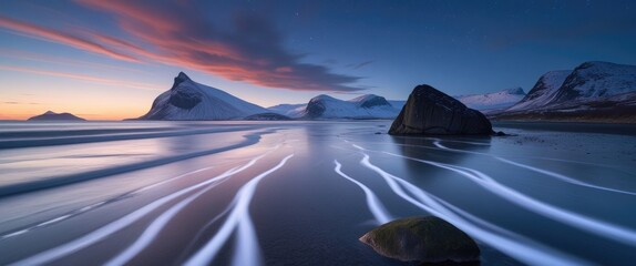 Wall Mural - serene twilight beach landscape in lofoten with dynamic water trails, dramatic mountain backdrop, an
