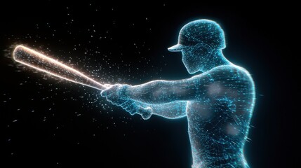 Wall Mural - Baseball player batting with a futuristic glowing bat in a dynamic digital showcasing the power and technology of the sport of the future