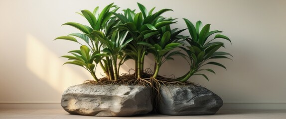 Poster - Lush green plants growing from stones in a modern interior setting showcasing nature's resilience and beauty against a minimalist backdrop