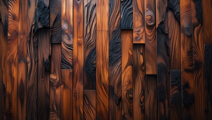 Poster - Textured polished teak wood surface with rich brown hues and intricate variations, ideal for backgrounds and design elements.