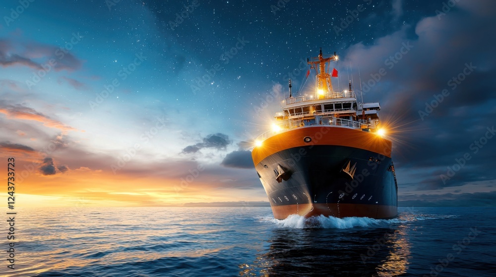 Cargo Ship Illuminated by Deck Lights Sailing Across the Ocean Under a ...