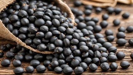 Poster - Black soybeans spilling from a burlap sack on a rustic wooden surface showcasing their rich color and natural texture.