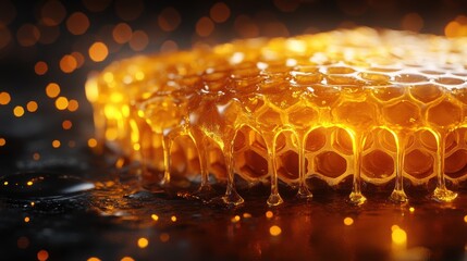 Poster - golden honeycomb dripping with honeycomb isolated on transparent background