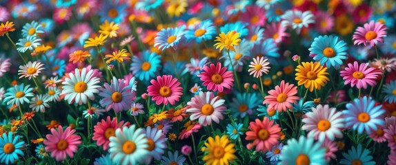 Wall Mural - vibrant field of multi-colored daisies in bloom showcasing a mix of blue, pink, yellow, and white fl