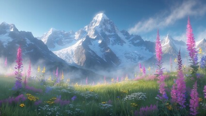 Wall Mural - majestic mountain landscape with vibrant wildflowers in a serene valley during early morning