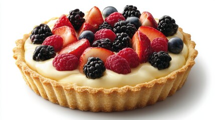 A vibrant fruit tart with a golden crust filled with creamy custard and fresh fruits