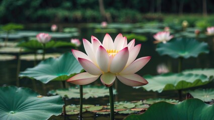 Canvas Print - Closeup of a beautiful lotus flower in a serene pond with green leaves and soft reflections creating a calming natural atmosphere.