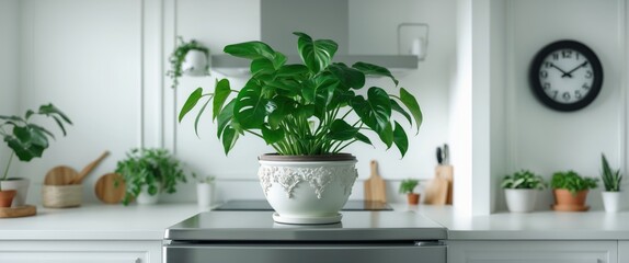 Poster - Vibrant indoor plant in elegant white pot atop a sleek refrigerator enhancing a modern kitchen aesthetic with a clock on the wall.