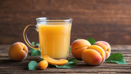 Sticker - Fresh Apricot Juice in a Glass Cup Surrounded by Ripe Apricots on a Rustic Wooden Table Background