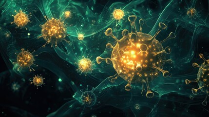 Poster - Artistic representation of multiple COVID-19 virus cells surrounded by glowing molecular structures