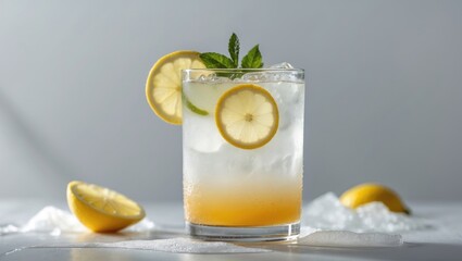 Canvas Print - Refreshing Lemonade Cocktail with Mint and Ice in a Glass on Light Background Perfect for Summer Relaxation