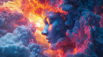 Poster - stunning visual of woman face emerging from vibrant clouds