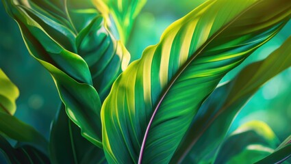 Poster - Vibrant Close-Up of Exotic Green Leaves with Lush Textures Ideal for Nature-Themed Designs and Backgrounds.