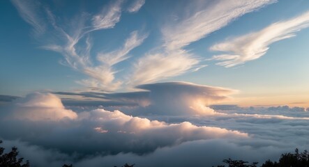 Wall Mural - Graceful Cirrus and Stratus Clouds Gliding Through a Tranquil Morning Sky Displaying Beautiful Colors and Textures in Nature