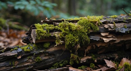 Poster - Moss covered rotting wood fragment in a serene forest setting showcasing nature's beauty and decay