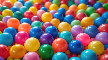 Poster - Colorful assortment of glossy plastic balls scattered across a surface creating a playful and vibrant background texture.