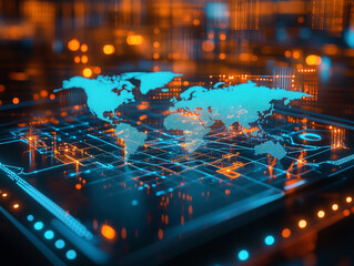Poster - Futuristic world map on digital tablet with glowing data