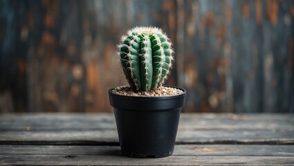 Poster - Small cactus in a black pot on textured wooden table with a rustic background perfect for nature and home decor themes