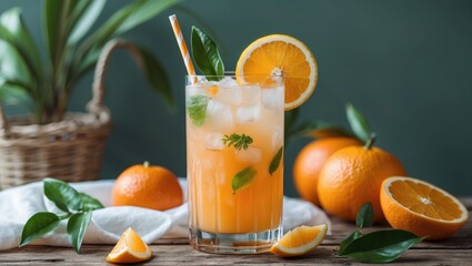 Wall Mural - Refreshing orange summer drink with ice served in a glass garnished with fresh fruit and green leaves on wooden table backdrop.