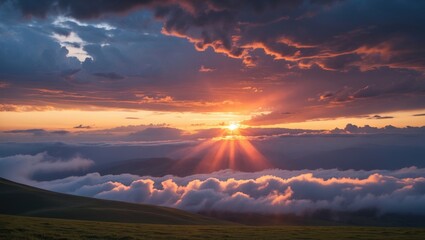 Poster - majestic sunset rays breaking through dramatic storm clouds over a serene valley creating a stunning