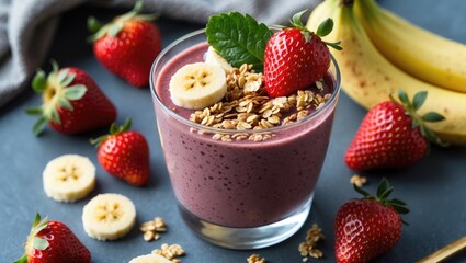 Canvas Print - Nutritious Acai Smoothie with Fresh Strawberries, Bananas, Granola and Mint Leaves Served in a Clear Glass on a Slate Background