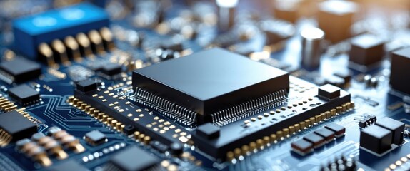 Poster - Close-up of a microchip on a circuit board showcasing intricate electrical components with a blurred background for a tech-focused theme.