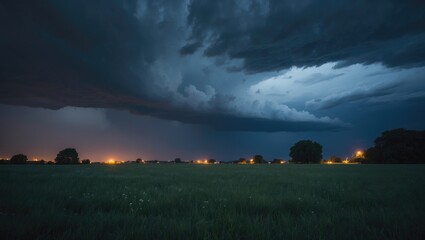Wall Mural - dramatic thunderstorm approaching over field at dusk with illuminated cityscape in background
