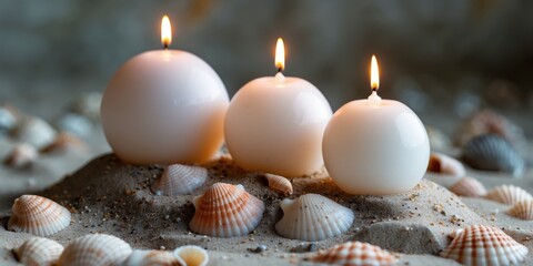Poster - Three spherical candles on a sandy surface adorned with seashells creating a serene and inviting atmosphere with ample text space.