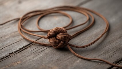 Poster - Brown string with a decorative knot resting on rustic wooden surface showcasing craftsmanship and texture in natural lighting