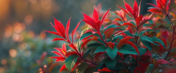 Poster - Vibrant foliage featuring bright red-tipped leaves against a soft blurred background showcasing the beauty of nature at dusk.