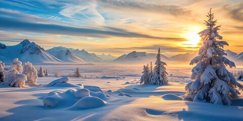 Snowy polar landscape at sunset with icy mountains and snow-covered trees in the distance, frozen landscape, frosty atmosphere