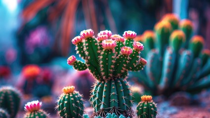 Wall Mural - vibrant astrophytum myriostigma cactus blooming in colorful garden with softly blurred background cr