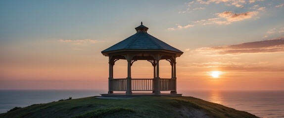Poster - serene gazebo on hill at sunset over ocean with clear sky and vibrant colors ideal for tranquil back