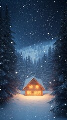 Aufkleber - Snow is gently falling on a cozy wooden cabin nestled in a snow covered forest, creating a magical winter wonderland scene, illuminated by warm lights from within