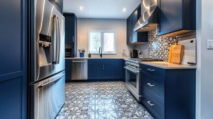 Wall Mural - Modern blue kitchen with stainless steel appliances, patterned tile floor, and white countertop.