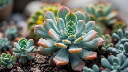 Poster - Vibrant succulent plants arranged harmoniously showcasing their unique shapes and colors in a beautifully textured natural setting.